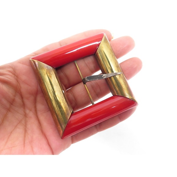 VINTAGE ANTIQUE ART DECO RED PLASTIC & GOLD BRASS‎ SQUARE BELT BUCKLE 2-1/2\